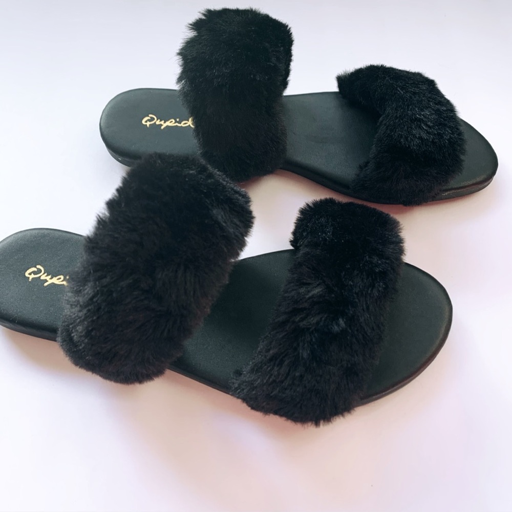 Black fuzzy fur slides slippers double band - Picture 4 of 11
